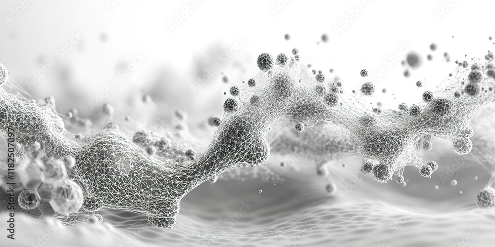 Poster abstract representation of molecular structures in a light background showcasing dynamic forms and t