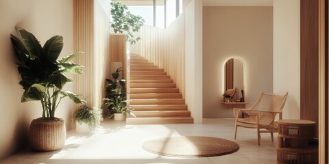 Bright modern interior, natural wood staircase, large glass door, sunlit room, cozy white armchair, potted plants, round mirror, minimalist decor, warm tones, inviting entryway, hardwood floors, neutr