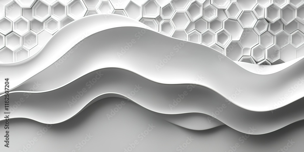 Poster abstract design featuring flowing white waves and a hexagonal pattern backdrop in a minimalist style
