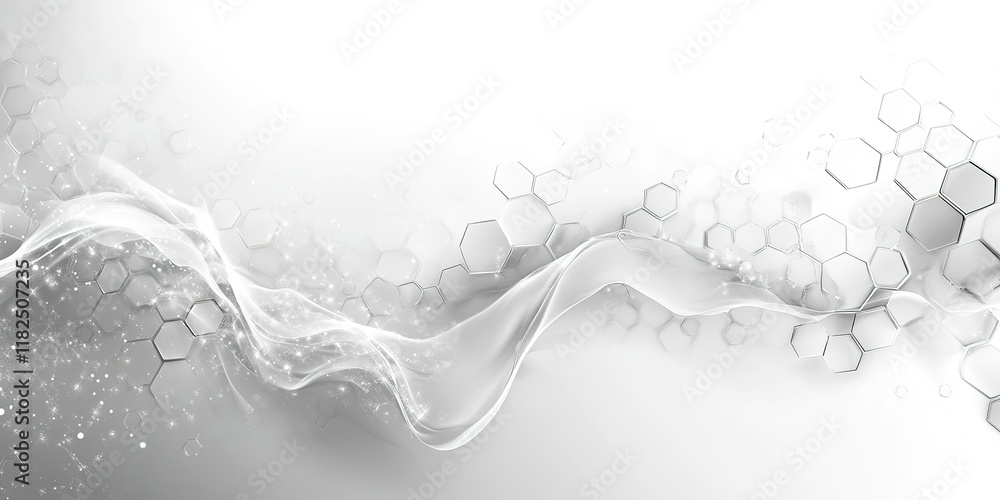 Poster abstract design featuring flowing shapes and hexagonal patterns in a light color scheme