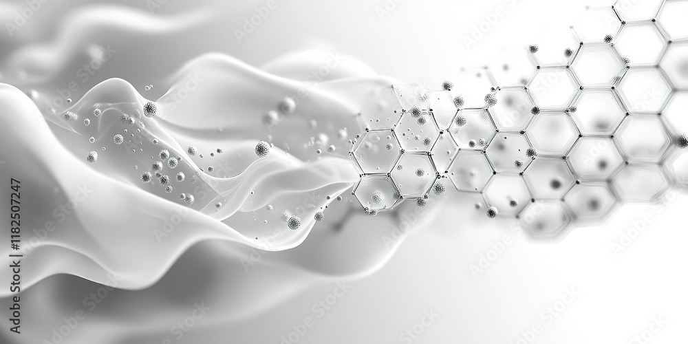 Poster abstract representation of molecular structure and wave patterns in a scientific illustration focuse