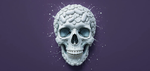 A striking skull sculpture displays an array of colorful pills covering its surface. The unique artwork is set against a solid purple background, enhancing its visual impact