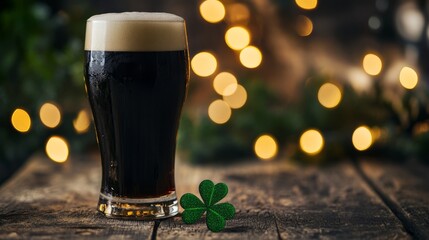 Dark stout beer with shamrock on rustic table and warm glowing lights in background