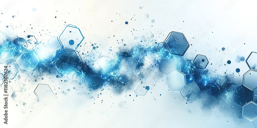 Poster abstract design featuring blue hexagonal shapes and sparkling particles over a light background