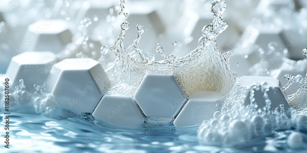 Poster water splashes over hexagonal structures creating dynamic motion in a serene environment