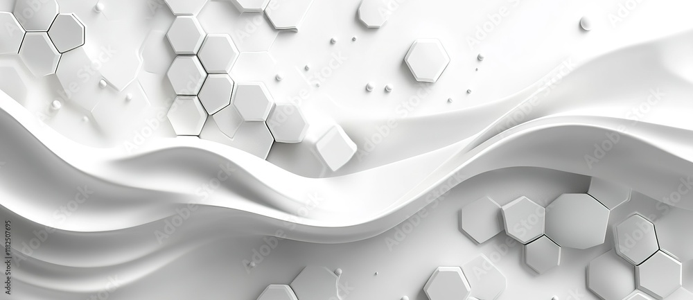 Poster abstract design featuring hexagonal patterns and flowing white surfaces in a sleek, modern aesthetic