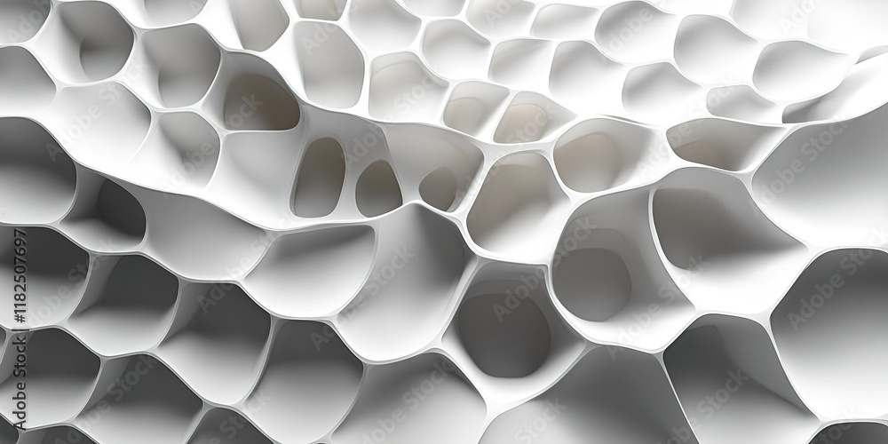 Poster abstract pattern of white honeycomb structure with smooth curves and varying depths in a modern desi