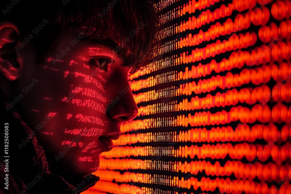 Poster young caucasian male analyzing data reflections in red illuminated digital code