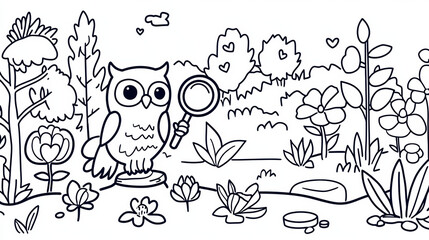 whimsical owl detective holding magnifying glass in garden scene
