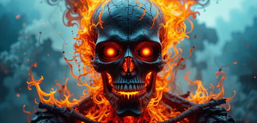 A striking skull displays glowing orange eyes, surrounded by vibrant flames that flicker and dance against a smoky twilight backdrop, creating an eerie yet captivating atmosphere