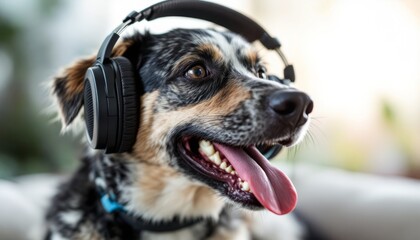 Happy Dog in Headphones Enjoying Music on Couch