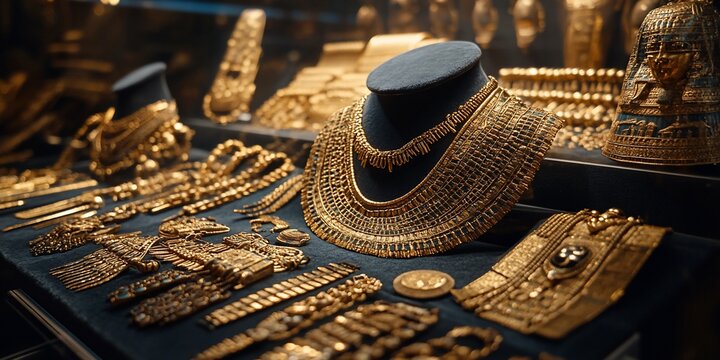 Ancient Gold Jewelry Display, Museum Exhibit, Cultural Artifacts