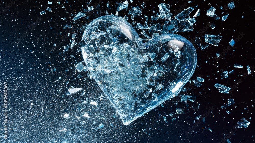 Aufkleber shattering glass heart explodes into sparkling fragments scattering in various directions