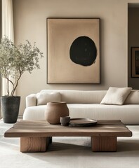 Minimalist living room, curved beige sofa, wooden coffee table, oval mirror, round pendant lights, neutral color palette, textured walls, potted plant, framed artwork, natural materials, Scandinavian 