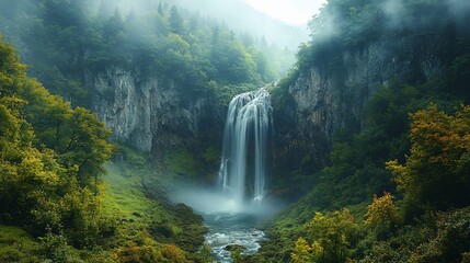 Majestic Waterfall Cascades Down Verdant Mountainside
