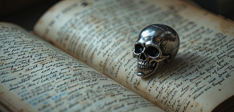 A silver skull is positioned atop an open, weathered manuscript filled with intricate handwritten notes. The warm light highlights the aged paper and the intricate details of the skull