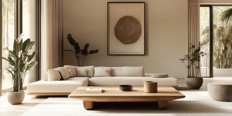 Minimalist living room, curved beige sofa, wooden coffee table, oval mirror, round pendant lights, neutral color palette, textured walls, potted plant, framed artwork, natural materials, Scandinavian 