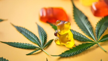 yellow orange gummy bears scattered with cannabis leaves on yellow heritage bright colorful mix of cbd thc chocolates green hemp leaves cannabis edibles chocolates subject