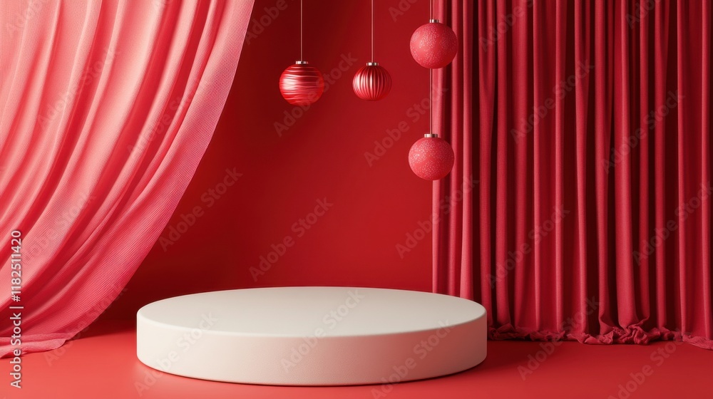 Poster rounded circular podium with lunar new year decor red background event display festive environment a