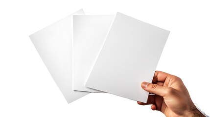 Male hand holding three blank sheets of paper isolated on white background