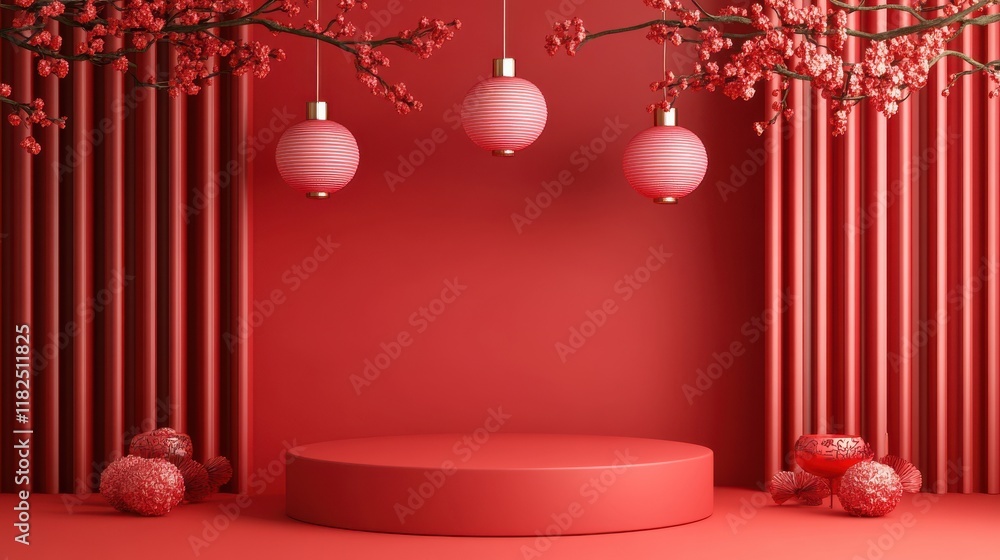 Poster elegant lunar new year display festive red background minimalist podium modern design soft gradient 