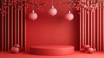 Elegant lunar new year display festive red background minimalist podium modern design soft gradient cultural accent