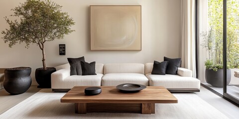 Minimalist living room, curved beige sofa, wooden coffee table, oval mirror, round pendant lights, neutral color palette, textured walls, potted plant, framed artwork, natural materials, Scandinavian 