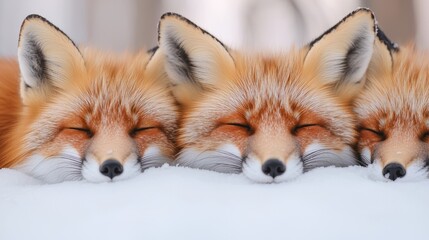 Three red foxes sleeping peacefully in winter snow close-up
