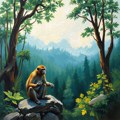 Obraz premium Monkey . Illustration with oil paint. Pattern for printing on wall decorations, covers, wallpapers