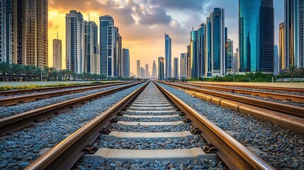 Obraz premium Cityscape Railway Tracks Sunset Urban Skyline
