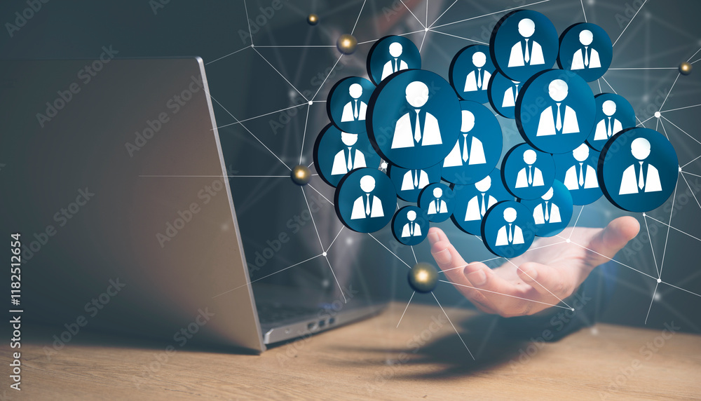 Aufkleber man using social network interface with group of people