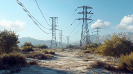 Scenic landscape with power lines and towers in rural area