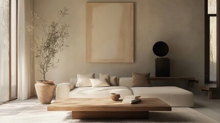 Minimalist living room, curved beige sofa, wooden coffee table, oval mirror, round pendant lights, neutral color palette, textured walls, potted plant, framed artwork, natural materials, Scandinavian 