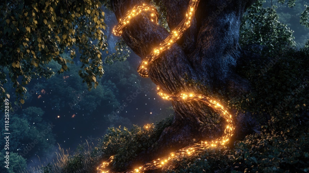 Poster glowing vines embracing a majestic tree, enchanting luminescence intertwines with bark, creating a m