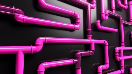 A maze of pink pipes on a black wall offering a glamorous industrial aesthetic 3D illustration