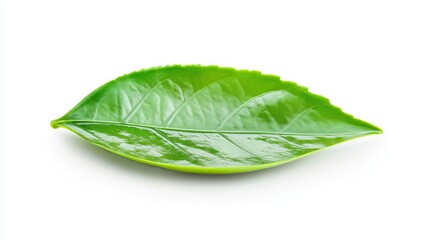 Obraz premium A single green tea leaf isolated on a clean white background