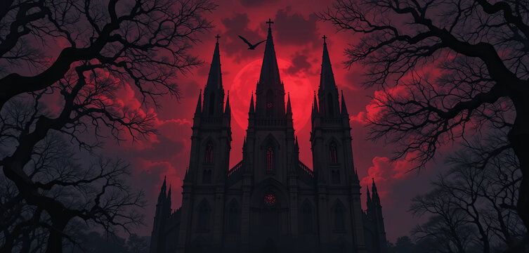A gothic cathedral with towering spires stands ominously against a blood-red moon, silhouetted by dark, twisted trees. The atmosphere conveys a sense of eeriness and mystery