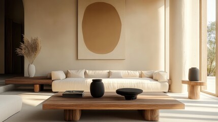 Minimalist living room, curved beige sofa, wooden coffee table, oval mirror, round pendant lights, neutral color palette, textured walls, potted plant, framed artwork, natural materials, Scandinavian 