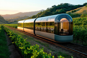 Naklejka premium Modern Train Traveling Through Vineyard