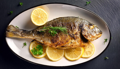 delicious baked dorada sea bream fish with lemons garnished with fresh herbs on a plate