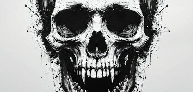 An intricate illustration of a skull in black and white showcases detailed line work and abstract elements. The artwork blends realism and artistic flair to create a striking visual impact