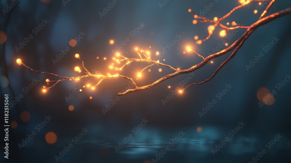 Poster luminous branch in twilight, a surreal branch radiating soft light, surrounded by twinkling sparks i