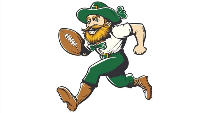 Cartoon leprechaun playing american football with shamrock hat and beard