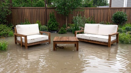 Home insurance damage and theft, A flooded backyard features water surrounding wooden outdoor furniture, creating an unexpected and challenging situation for homeowners.