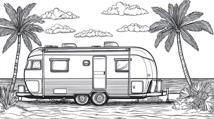Tropical beach camper van illustration, ocean view, vacation design
