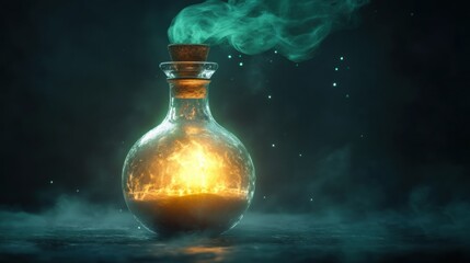 Enchanted Elixir, a mystical potion bottle radiating light, surrounded by ethereal swirling mist, exuding an aura of magic and intrigue