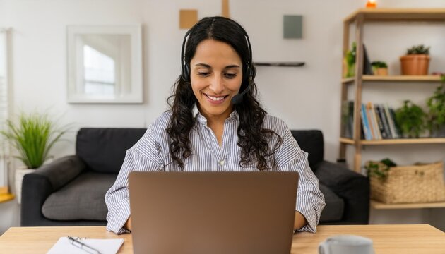 A woman working remotely on her laptop, wearing a headset with a microphone, during a virtual video team meeting