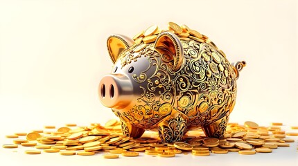 A piggy bank filled with gold coins, symbolizing savings and investment, isolated on white.