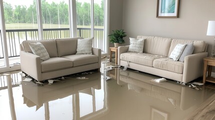 Home insurance damage and theft, A modern living room features two beige sofas, large windows, and a reflective floor, creating a bright and airy atmosphere.