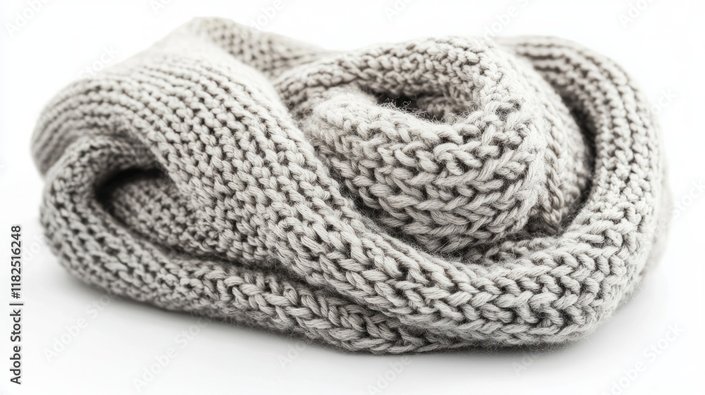 Poster cozy gray knitted wool scarf with intricate patterns displayed on white background